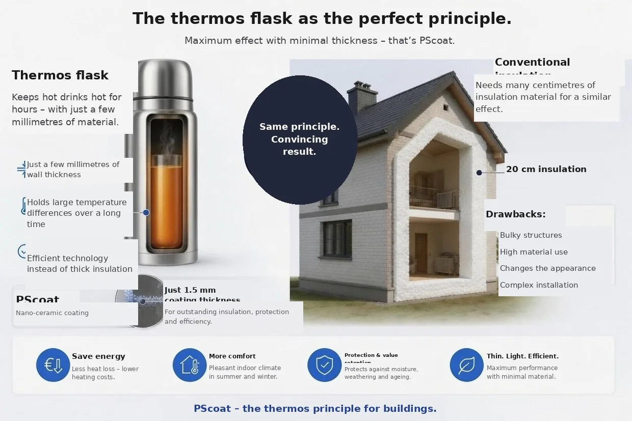 Comparison graphic: a thermos flask retains heat with just a few millimetres of wall thickness, while conventional insulation needs fifteen to twenty centimetres of polystyrene for the same effect